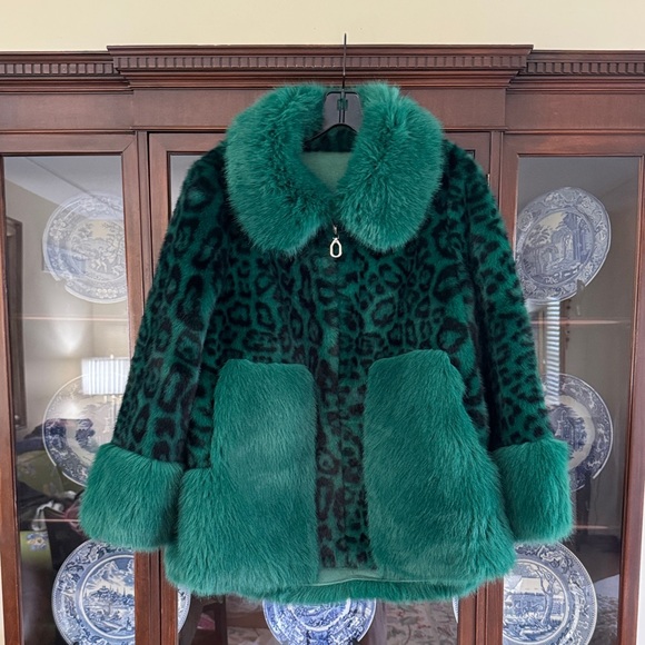Jackets & Blazers - Emerald Green Faux Fur Leopard Coat